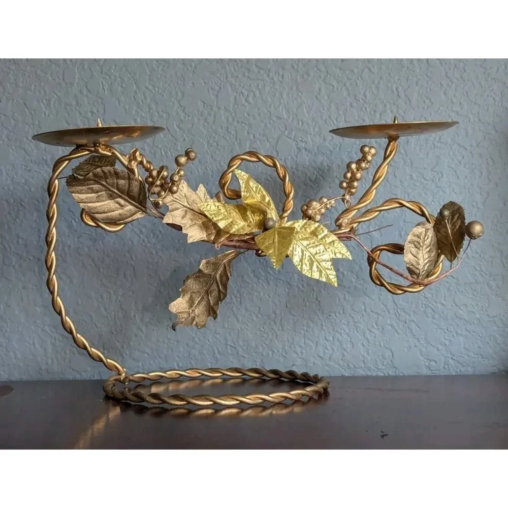 Vtg Hollywood Regency Gold Tole Metal Floral Candle Holder Centerpiece Mantel